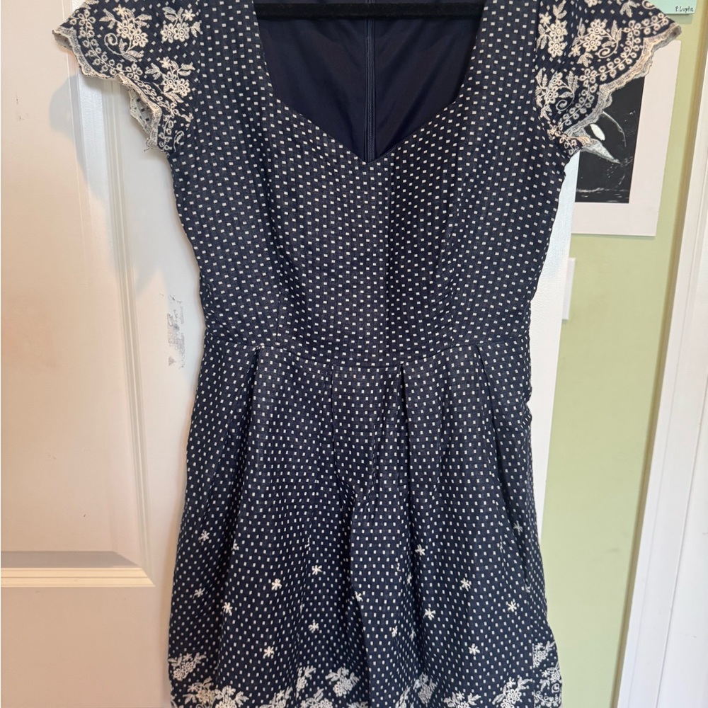Elegant Navy Blue Polka Dot Dress
